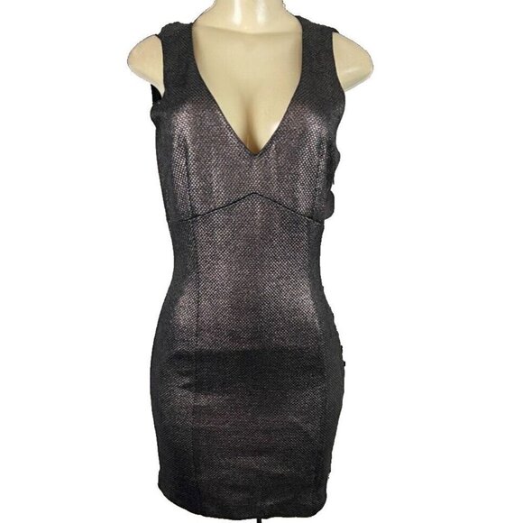Lucy & Co. Jrs L Coffee Metallic Lined V-Neck Sleeveless Body-Con Mini Dress - Picture 2 of 6